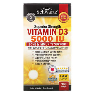 BioSchwartz, Superior Strength Vitamin D3, hochdosiertes Vitamin D3, 5.000 IU, 360 Weichkapseln