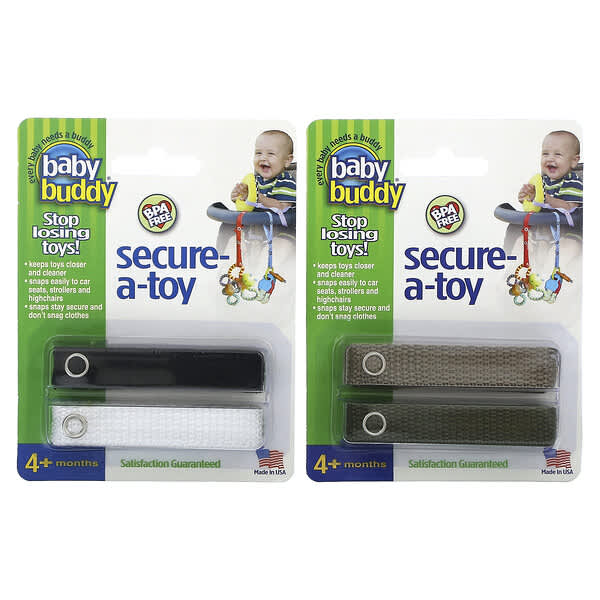 Baby Buddy, Secure-A-toy, 4개월 이상, 블랙/화이트 및 황갈색/올리브, 끈 4개
