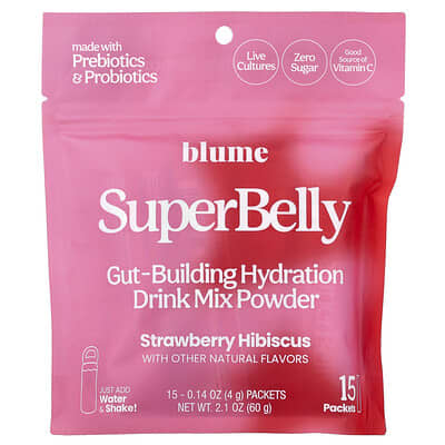 Blume, SuperBelly, Gut-Building Hydration Drink Mix Powder, Strawberry Hibiscus, 15 Packets, 0.14 oz (4 g) Each