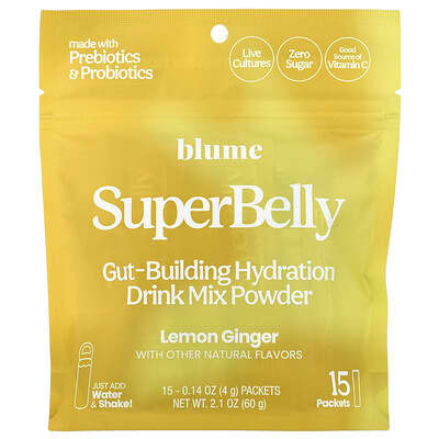 Blume, SuperBelly, Gut Support Hydration Powder, Lemon Ginger, 15 Packets, 0.14 oz (4 g) Each