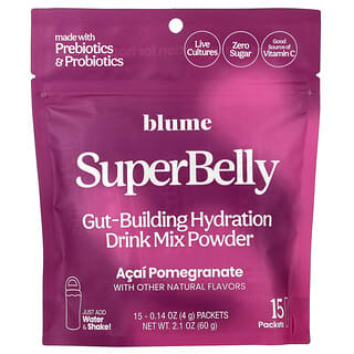 Blume, SuperBelly, Gut-Building Hydration Drink Mix Powder, Acai Pomegranate, 15 Packets, 0.14 oz (4 g) Each