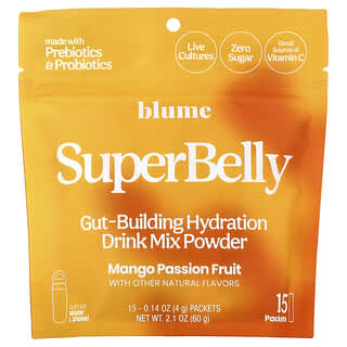 Blume, SuperBelly, Gut-Building Hydration Drink Mix Powder, Mango Passion Fruit, 15 Packets, 0.14 oz (4 g) Each
