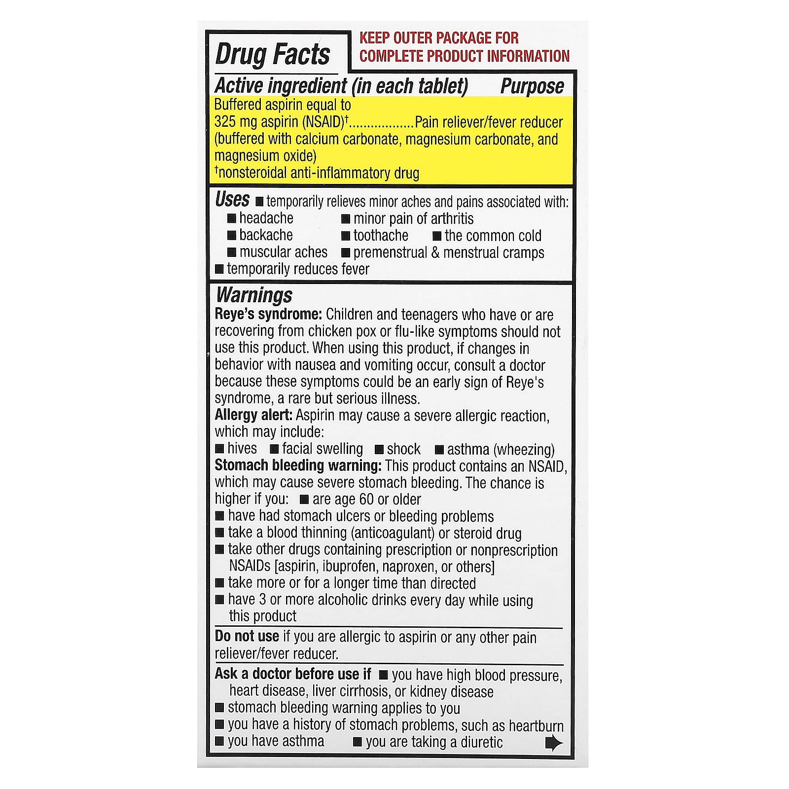 Bufferin, Buffered Aspirin (NSAID), Regular Strength, 650 mg, 130 ...