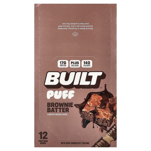 Built, 퍼프, 단백질 바, 브라우니 반죽, 12개입, 개당 40g(1.41oz)