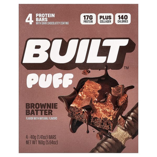 Built, Hojaldrada, Barritas proteicas, Masa de brownie, 4 barritas, 40 g (1,41 oz) cada una