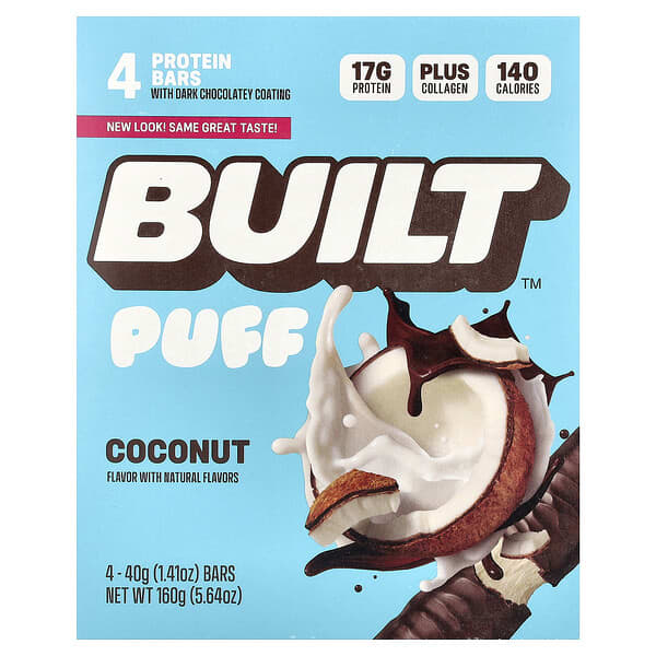 Built, 퍼프, 프로틴 바, 코코넛, 바 4개, 개당 40g(1.41oz)