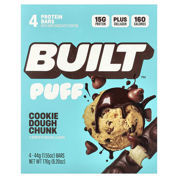Built, 퍼프, 프로틴 바, 쿠키 도우 청크, 바 4개, 개당 44g(1.55oz)