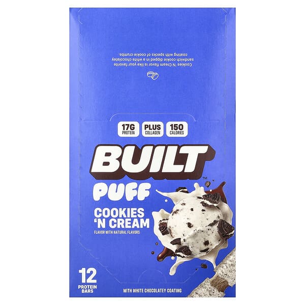 Built, 퍼프, 프로틴바, 쿠키 앤 크림, 바 12개, 각 40g(1.41oz)