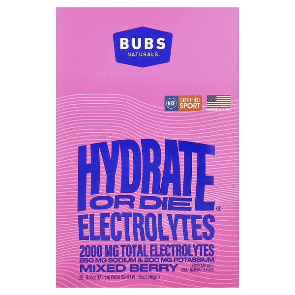 BUBS Naturals Hydrate or Die®, Electrolytes Drink Mix, Mixed Berry, 20 Packets, 0.43 oz (12.3 gm) Each