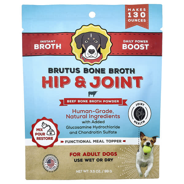Brutus Bone Broth, ผงสะโพกและข้อต่อ น้ำซุปกระดูกวัว สำหรับสุนัขโต ขนาด 3.5 ออนซ์ (99 ก.)