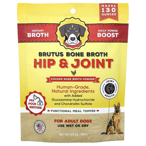Brutus Bone Broth, ผงสะโพกและข้อต่อ ผงน้ำซุปกระดูกไก่สำหรับสุนัขโต ขนาด 3.5 ออนซ์ (99 ก.)