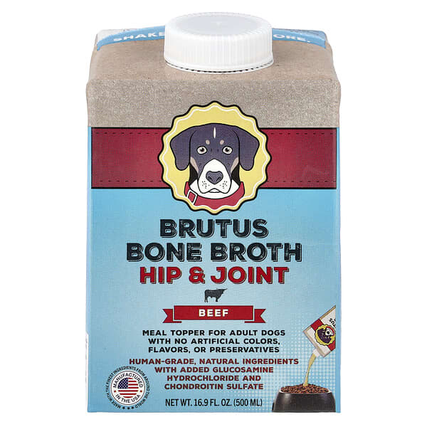 Brutus Bone Broth, ผลิตภัณฑ์บำรุงสะโพกและข้อต่อสำหรับสุนัขโต ขนาด 16.9 ออนซ์ (500 มล.)