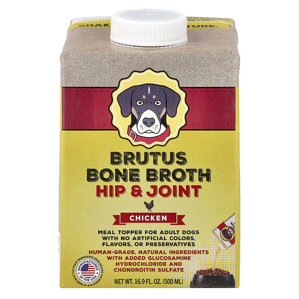 Brutus Bone Broth, ผลิตภัณฑ์บำรุงสะโพกและข้อต่อสำหรับสุนัขโต เนื้อไก่ ขนาด 16.9 ออนซ์ (500 มล.)