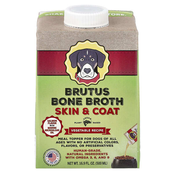 Brutus Bone Broth, ผลิตภัณฑ์บำรุงผิวหนังและขน สูตรผัก สำหรับสุนัขทุกวัย รสปลาแซลมอน ขนาด 16.9 ออนซ์