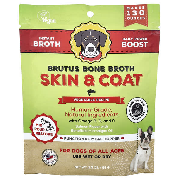 Brutus Bone Broth, ผลิตภัณฑ์บำรุงผิวหนังและขน สูตรผักสำหรับสุนัขทุกวัย รสปลาแซลมอน ขนาด 3.5 ออนซ์ (9