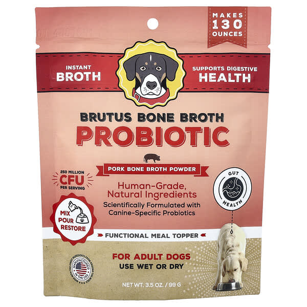 Brutus Bone Broth, โพรไบโอติกสำหรับสุนัขโต ผงน้ำซุปกระดูกหมู ขนาด 3.5 ออนซ์ (99 ก.)