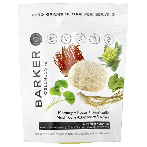 Barker Wellness Co Mushroom Adaptogen Gummies, Passion Fruit Watermelon Punch, 60 Gummies