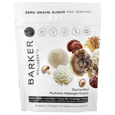 Barker Wellness Co, Day Blend, Mushroom Adaptogen Gummies, Strawberry Pineapple, 60 Gummies