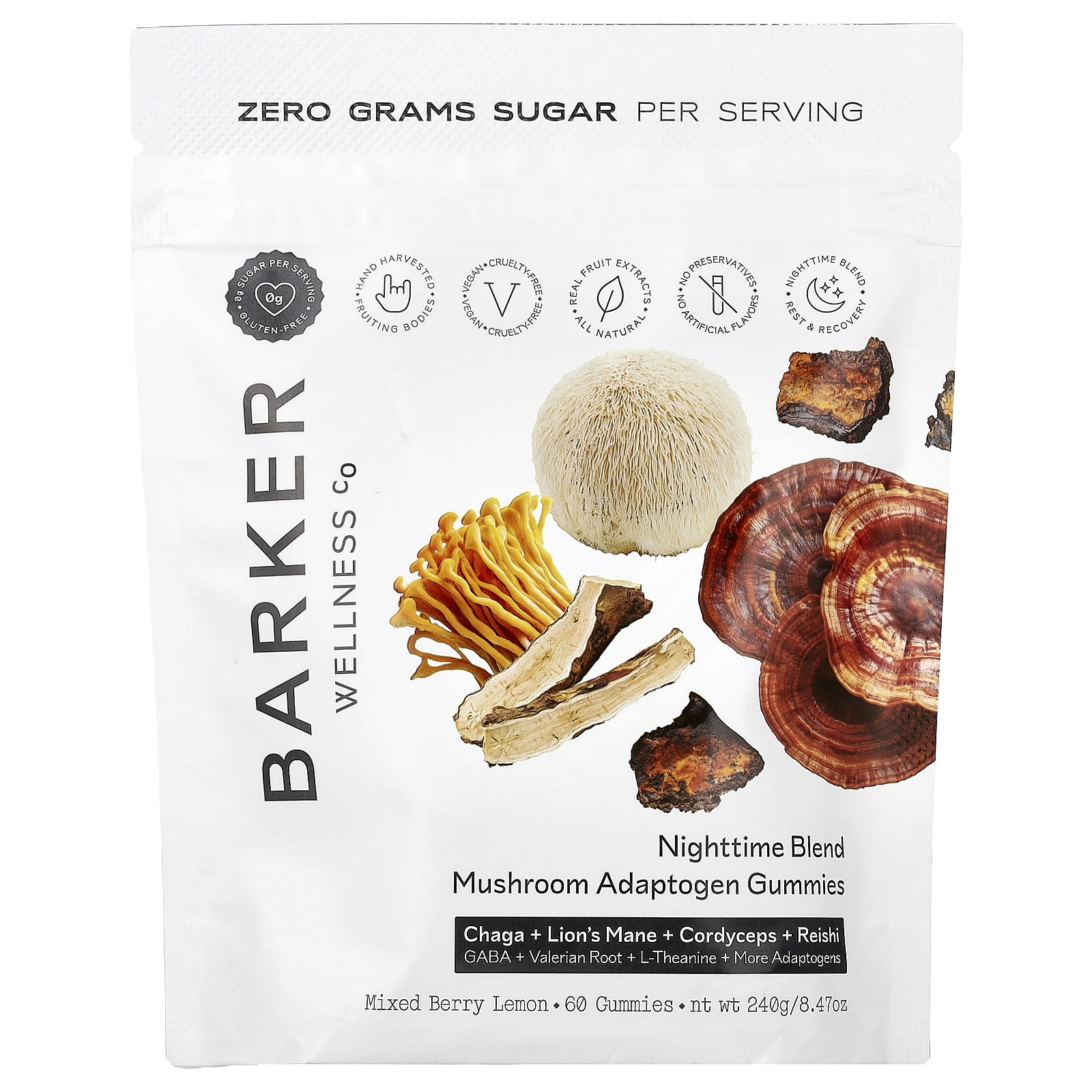 Barker Wellness Co, Nighttime Blend, жевательная смесь грибов и адаптогенов, со вкусом ягод и лимона, 60 жевательных таблеток