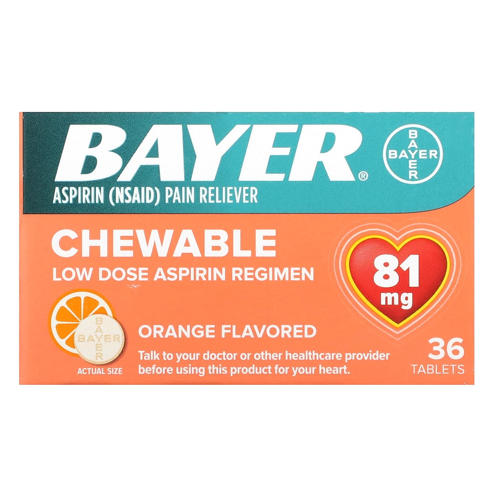 Bayer, Chewable Low Dose Aspirin Regimen, Orange, 81 Mg, 36 Tablets