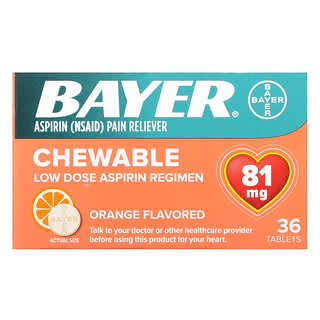 Bayer, Régimen de aspirina masticable de dosis baja, Naranja, 81 mg, 36 comprimidos