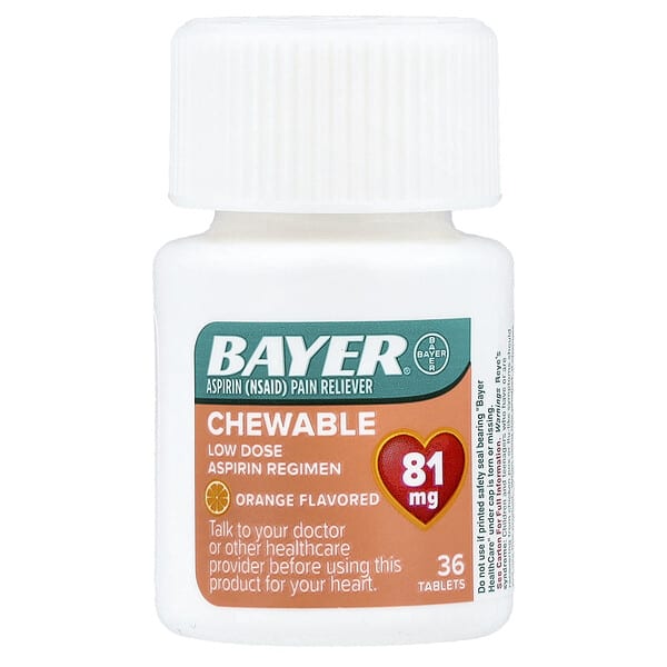 Bayer, Chewable Low Dose Aspirin Regimen, Orange, 81 mg, 36 Tablets