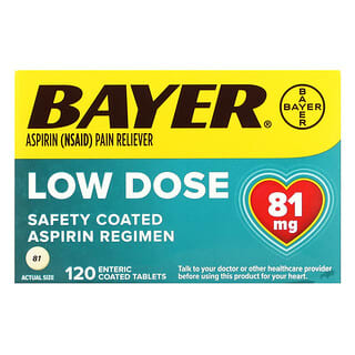 Bayer, Схема приема аспирина с безопасным покрытием, низкая доза, 81 мг, 120 таблеток, покрытых кишечнорастворимой оболочкой