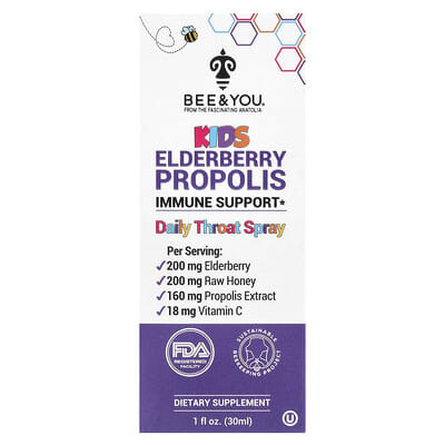 Bee & You, Daily Elderberry & Propolis Throat Spray for Kids, 1 fl oz (30 ml)