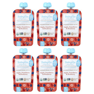 BabyLife Organics, Baby Food, 6+ Months, Apple, Strawberry & Blueberry, 6 Pouches, 3.5 oz (99 g) Each