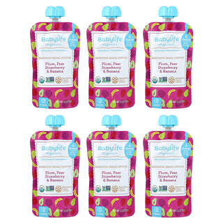 BabyLife Organics, Baby Food, 6+ Months, Plum, Pear, Strawberry & Banana, 6 Pouches, 3.5 oz (99 g) Each