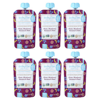 BabyLife Organics, alimente pentru bebeluși, 6+ luni, prune, afine, banane și sfeclă, 6 pliculețe, 99 g (3,5 oz)