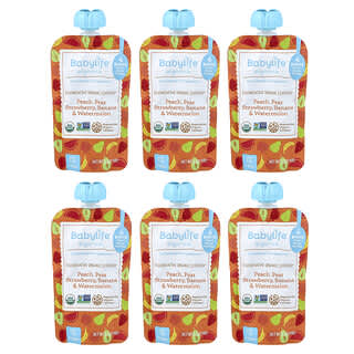 BabyLife Organics, детское питание, для детей от 6 месяцев, персик, груша, клубника, банан и арбуз, 6 паучей по 99 г (3,5 унции)