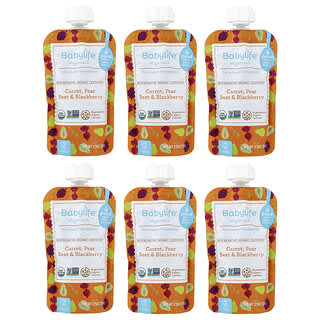 BabyLife Organics, ベビーフード、生後6か月以上、ニンジン 洋ナシ ビート ブラックベリー、6袋、各99g（3.5オンス）