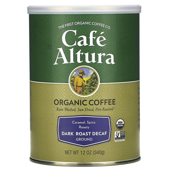 Cafe Altura, オーガニックコーヒー、ダークロースト（カフェインレス）、コーヒー粉、340g（12オンス）