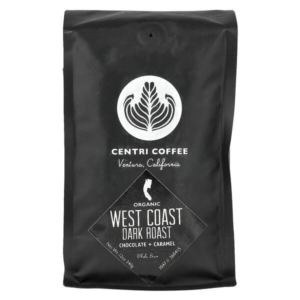 Centri Coffee, 유기농 웨스트 코스트, 원두, 다크 로스트, 초콜릿 + 캐러멜, 340g(12oz)