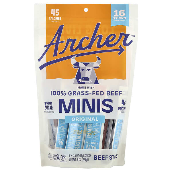 Country Archer Jerky, Bețișoare de vită hrănite cu iarbă, originale, 16 batoane, 0,5 oz (14 g) fiecare