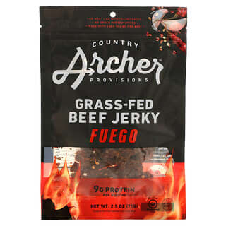 Country Archer Jerky, Вяленое мясо с говядиной Grass Fed, Fuego, 2,5 унции (71 г)  