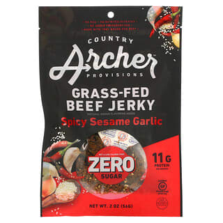 Country Archer Jerky, لحم بقري متغذى على الأعشاب ، متشنج ، خالٍ من السكر ، سمسم وثوم حار ، 2 أونصة (56 جم)