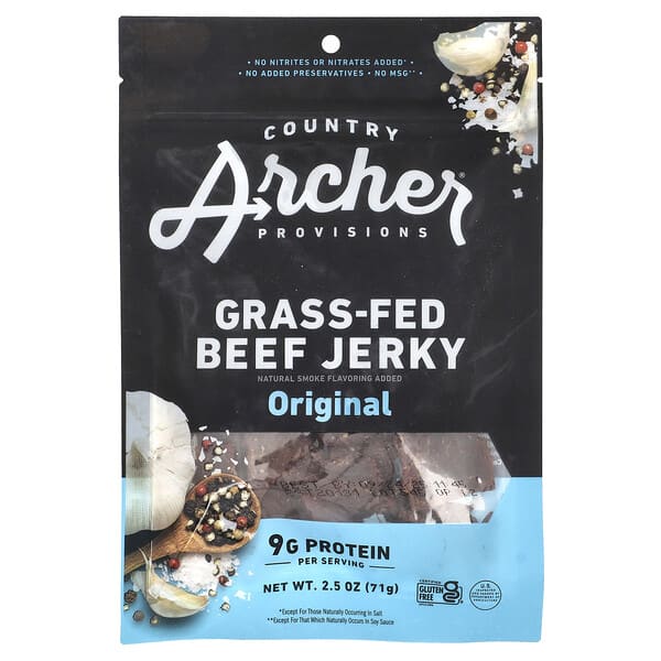 Country Archer Jerky, Cecina de res alimentada con pastura, Original, 71 g (2,5 oz)