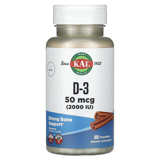 KAL, D-3咀嚼片，天然肉桂味，2000 國際單位，100個咀嚼片