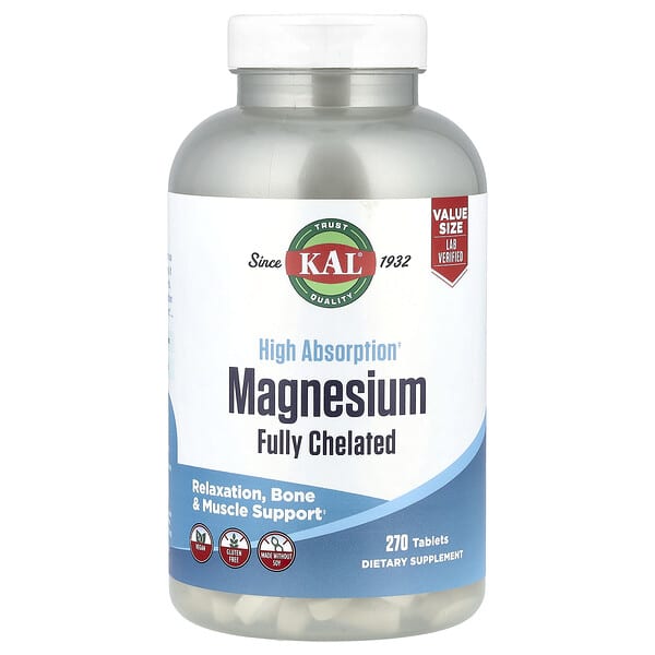 KAL Magnesium, Fully Chelated, High Absorption, 270 Tablets