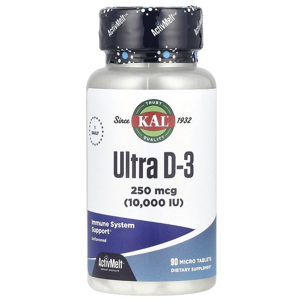 KAL Ultra D-3, Unflavored, 250 mcg (10000 IU), 90 Micro Tablets