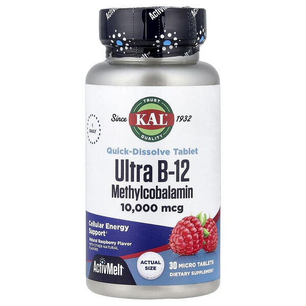 KAL, Ultra B-12, Natural Raspberry, 10,000 mcg, 30 Micro Tablets — product photo 1