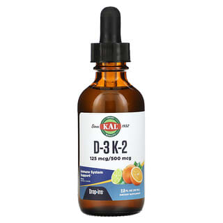 KAL, D-3 K-2 Drop Ins, Suplemento en gotas con vitaminas D3 y K2, Cítricos naturales, 59 ml (2 oz. líq.)