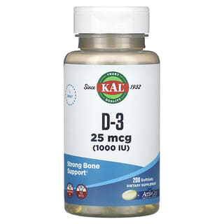 KAL, D-3, 25 мкг (1000 МЕ), 200 мягких таблеток