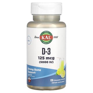 KAL, D-3檸檬水味，125 微克（5,000 國際單位），120 粒咀嚼軟凝膠