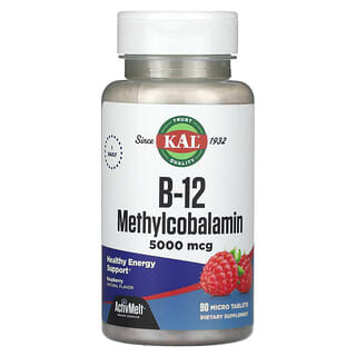 KAL, Ultra B-12 metilcobalamina, frambuesa roja, 5000 mcg, 90 microtabletas
