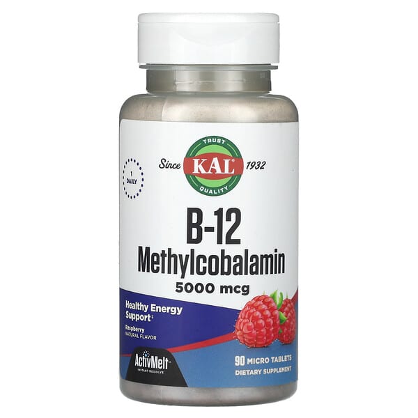 KAL B-12 Methylcobalamin, Raspberry, 5,000 mcg, 90 Micro Tablets