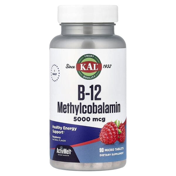 KAL, B-12 메틸코발라민, 라즈베리, 5,000mcg, 마이크로 정제 90정