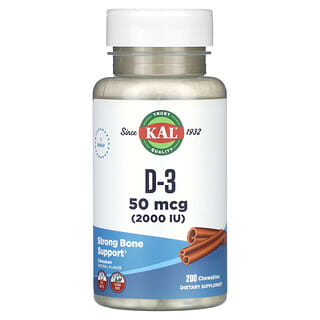 KAL, D-3, canela, 50 mcg (2000 UI), 200 comprimidos masticables